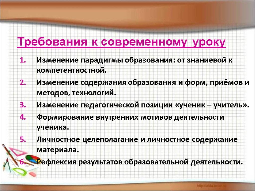 Требования к современному уроку Изменение парадигмы образования: от знаниевой к компетентностной. Изменение содержания образования